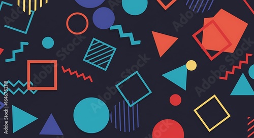 Retro abstract background with a colorful seamless pattern of geometric shapes. Vibrant 80s or 90s style design featuring circles, squares, and triangles