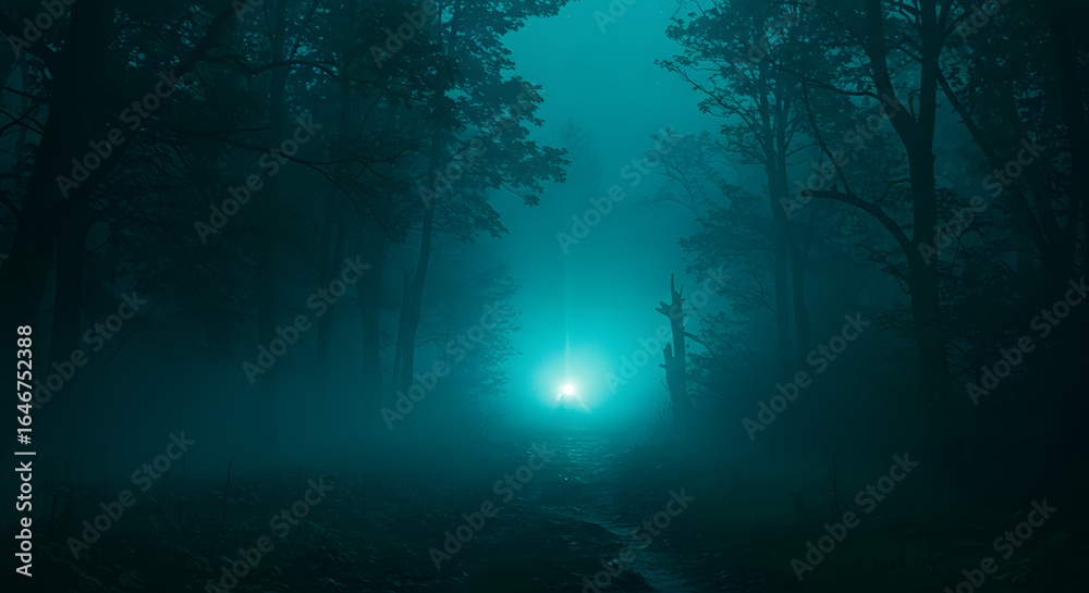 Fototapeta premium Mystical Forest Illuminated: An eerie glow pierces through a dense, fog-laden forest, drawing the viewer into a scene of mystery and intrigue.