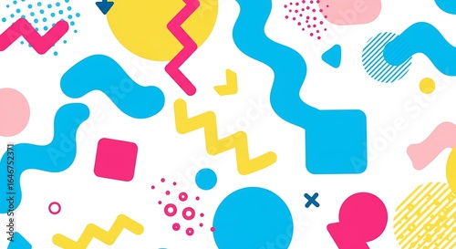 Seamless abstract background with a fun and colorful Memphis style geometric pattern of shapes, lines, and textures