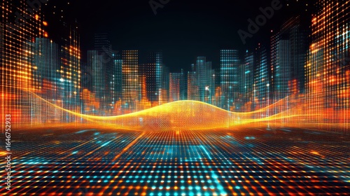 Futuristic digital cityscape with glowing lines and dot patterns abstract background