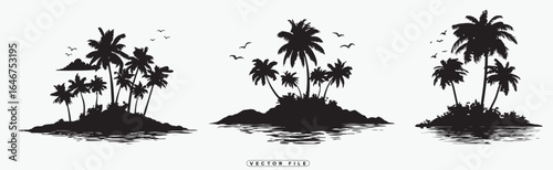 Tropical Island Silhouettes with Palm Trees and Birds on White Background