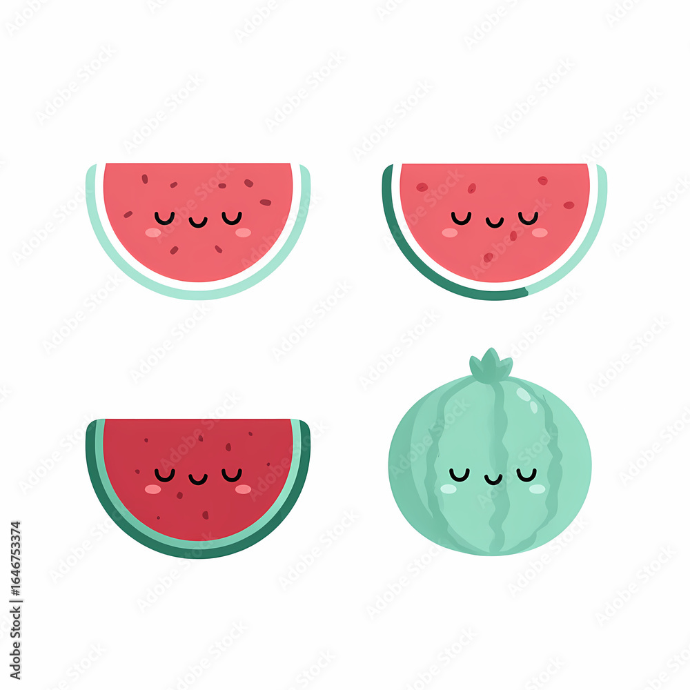 Fototapeta premium Cute Watermelon Slices: A delightful illustration featuring smiling watermelon slices perfect for summer vibes and healthy treats!