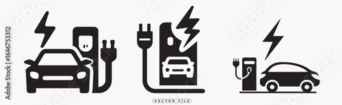 Electric Vehicle Charging Station Icons with Lightning Bolt Symbols in Vector Format
