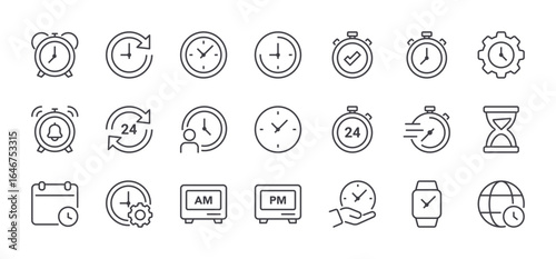 Set of Time and Clock Line Icons. Editable Stroke. Pixel Perfect.