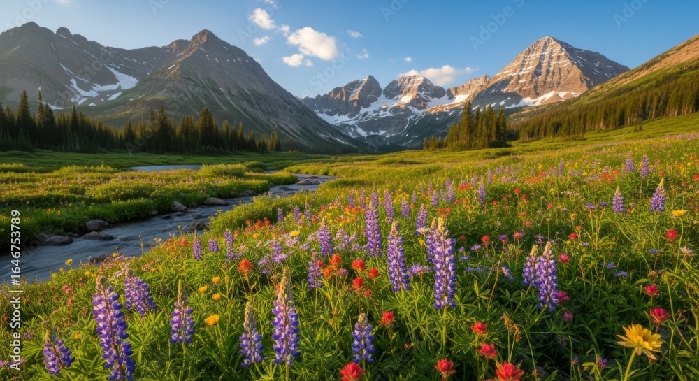 Fototapeta premium A vibrant meadow filled with wildflowers, leading towards majestic mountain peaks under a bright blue sky.