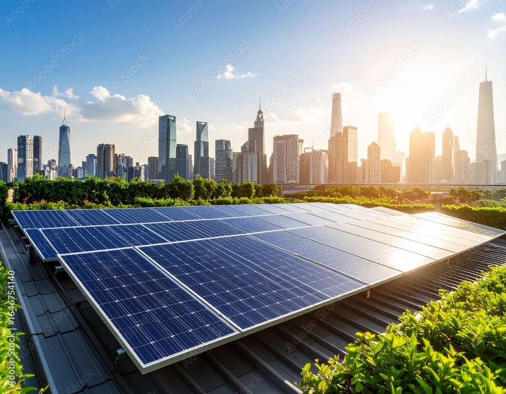 Fototapeta premium Solar power station with panels on the road in a city skyline with tall buildings
