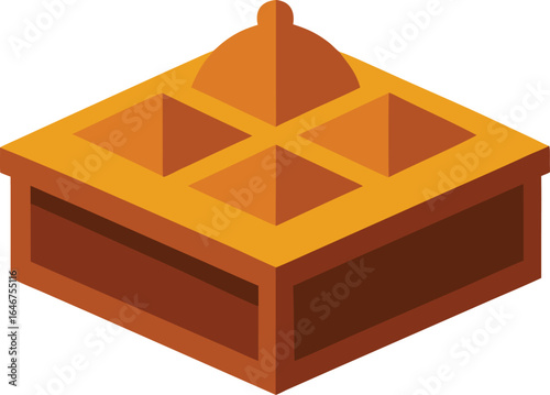 small wooden spice box with compartments on transparent background