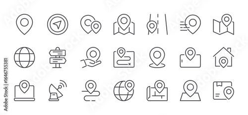 Set of Map and Location Pin Line Icons. Editable Stroke. Pixel Perfect.