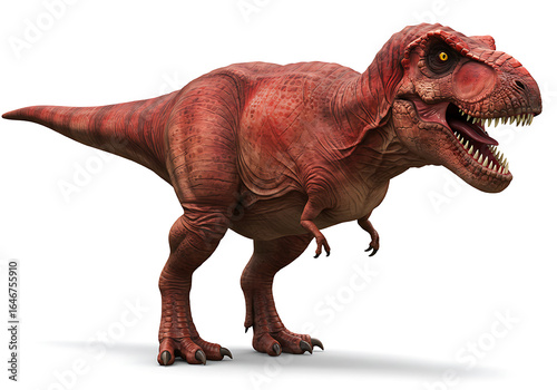 Realistic 3D rendering of a red-brown Tyrannosaurus Rex dinosaur, full body on a white background.
