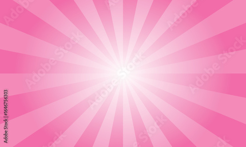 Cotton candy pink background with white sun ray. Abstract texture with light of sunburst. Radial glowing beam of sunlight. Retro background with flash. Design of sunbeams vector illustration.