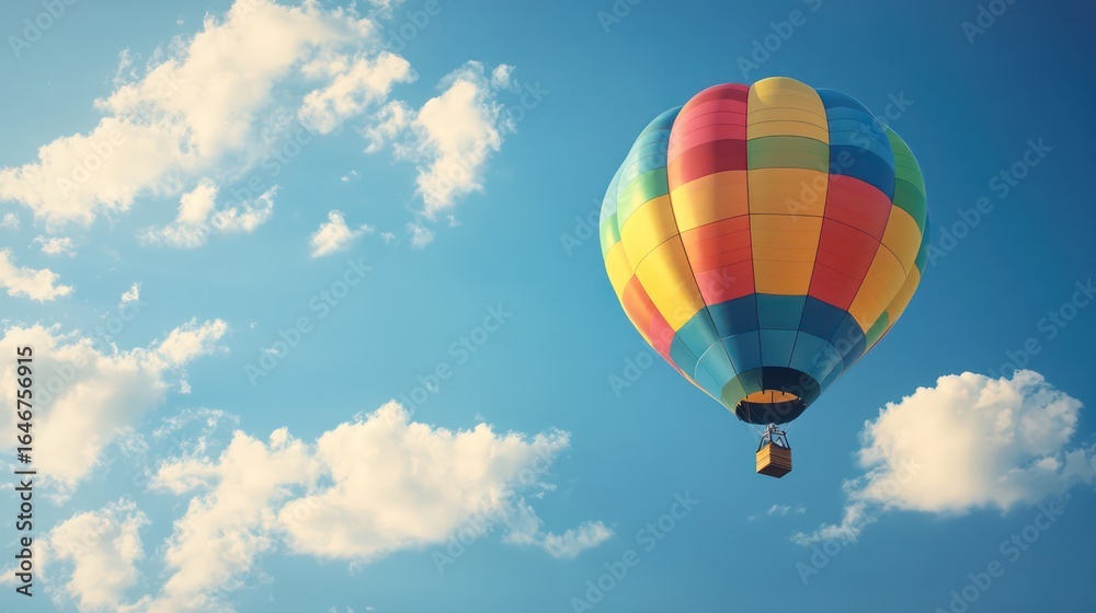 Naklejka premium Colorful Hot Air Balloon Ascending Through a Sky Filled with Puffy White Clouds
