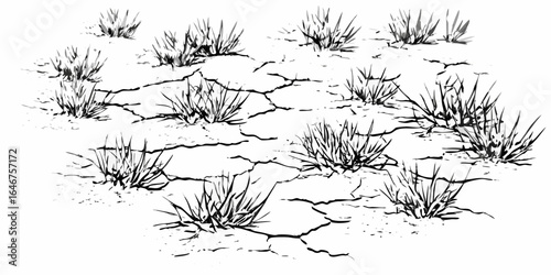 Vector ink sketch of dry cracked earth with clumps of grass in a desolate monochrome landscape style drawing