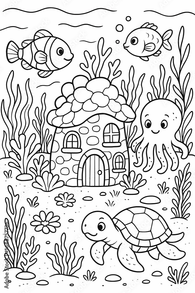 Fototapeta premium Underwater village scene with coral house, turtle, octopus, and fish in ocean line art, coloring page