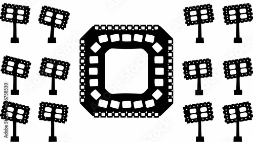 Illustration of multiple black solar panel arrays surrounding a central square patterned design element silhouette