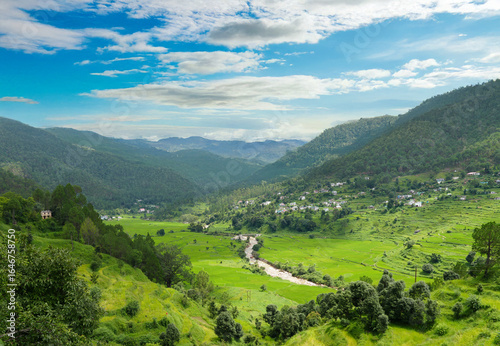 Majestic Green Valley with River and Terraced Fields in Himalayan Mountains under Blue Sky – Scenic Landscape of Uttarakhand, India