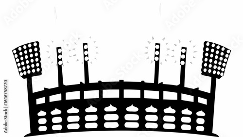 Illustration of a stadium with multiple light towers and tiered seating in black and white design style silhouette