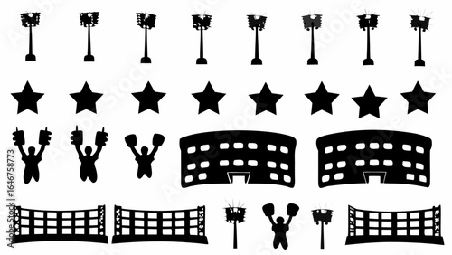 Silhouette illustration featuring stadium lights, stars, cheering fans, stadiums, and boxing rings