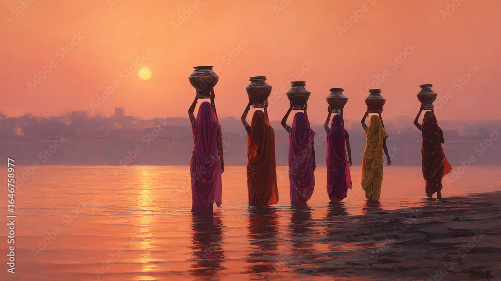 Fototapeta premium Gauri Visarjan, women carrying decorated pots, riverbank sunset