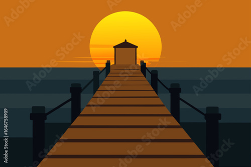 Stunning sunset over tranquil sea, pier extending toward the horizon, peaceful escape, vector art