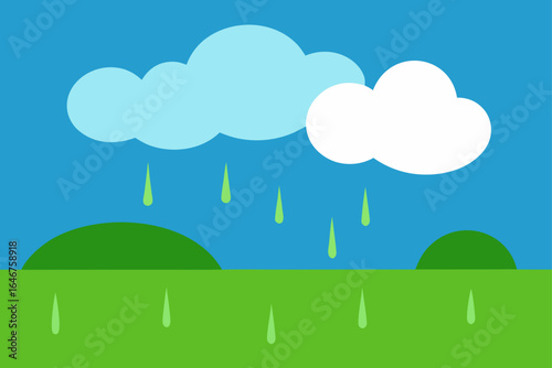 Fresh spring rain showers falling on vibrant green hills, a calming weather forecast illustration
