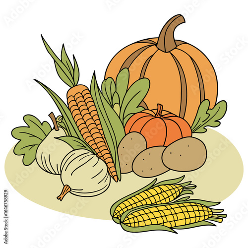 A vibrant illustration of a bountiful harvest featuring pumpkins corn carrots potatoes and onions perfect for autumn and thanksgiving themes