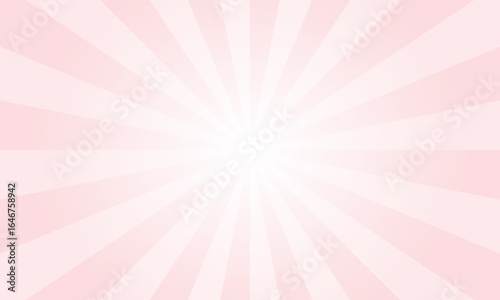 Pale pink background with white sun ray. Abstract texture with light of sunburst. Radial glowing beam of sunlight. Retro background with flash. Design of sunbeams vector illustration.
