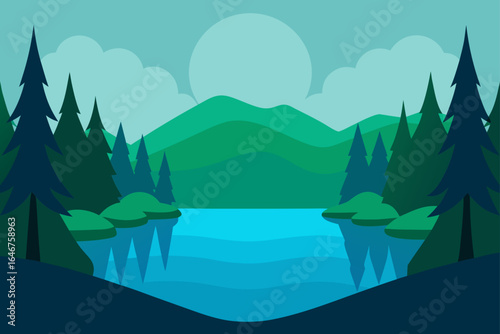 Serene mountain lake landscape with evergreen trees, perfect for nature lovers seeking peace and tranquility