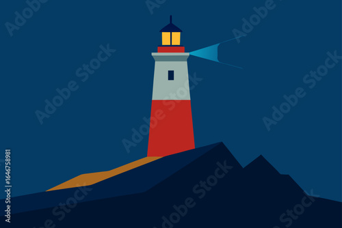 Striking lighthouse shines brightly at night, casting light across ocean waves for safety and guidance