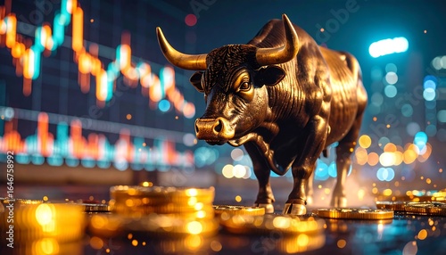 Bull statue, stock market, city lights
