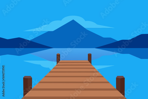 Peaceful mountain lake view from wooden pier, calm water reflecting distant peaks, serene outdoor recreation