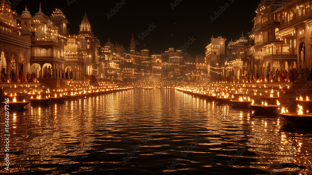 Fototapeta premium Kashi Vishwanath Aarti, glowing diyas on Ganga, golden temple lights