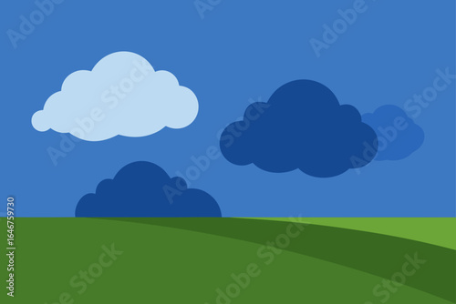 Cartoon landscape with grassy hills and puffy clouds, perfect for children's books or educational materials