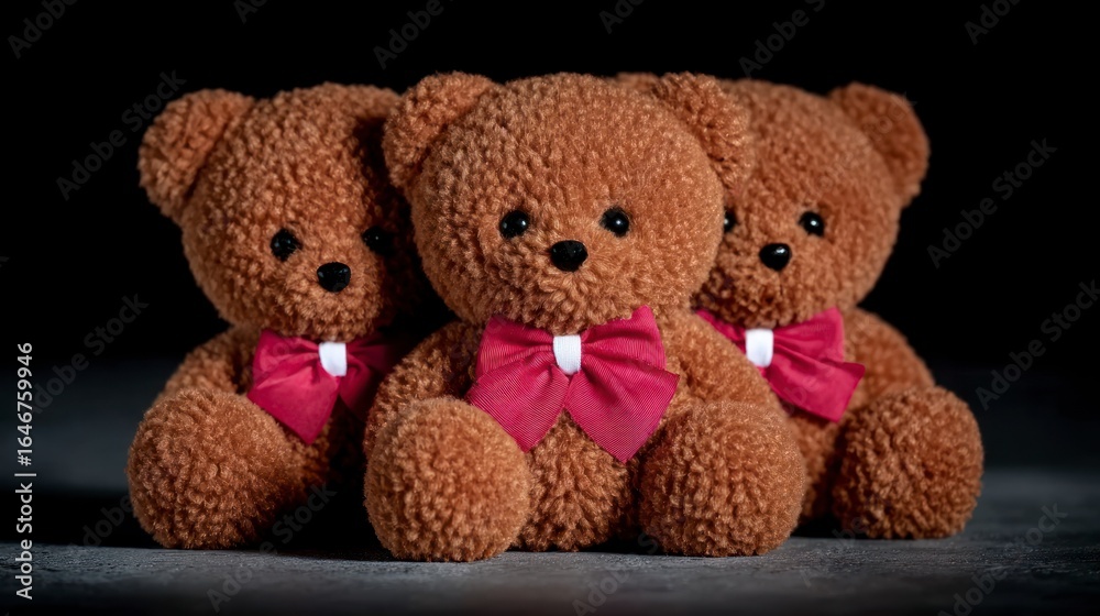 Obraz premium Three brown teddy bears with red bows sit together on a dark textured surface