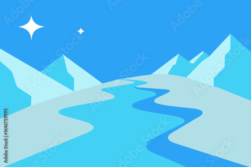 Stunning mountain landscape vector with river under starry sky, perfect for winter travel promotion
