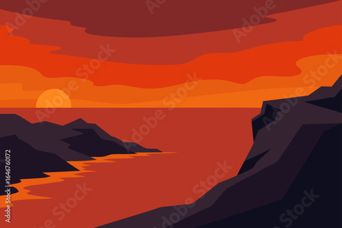 Stunning sunset over a dark rocky coastline, vector scenic landscape with fiery colors and peaceful horizon view