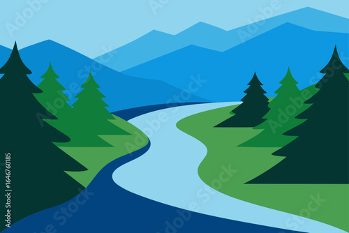 Scenic mountain river flows through evergreen forest towards distant peaks, serene nature getaway