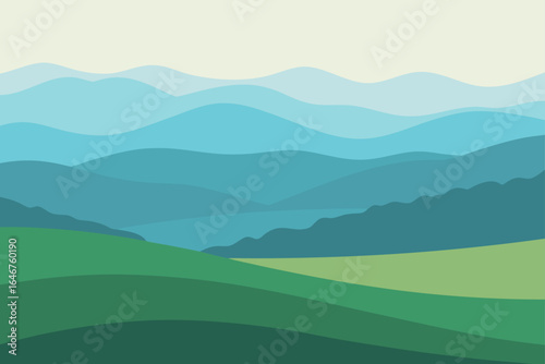Serene mountain range landscape in calming blues and greens, vector style background illustration