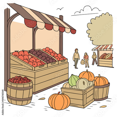 A vibrant outdoor market scene showcasing fresh produce like apples plums pumpkins gourds and bread with shoppers browsing