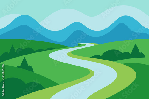Serene river winding through green hills under a calming blue mountain range, perfect for nature lovers
