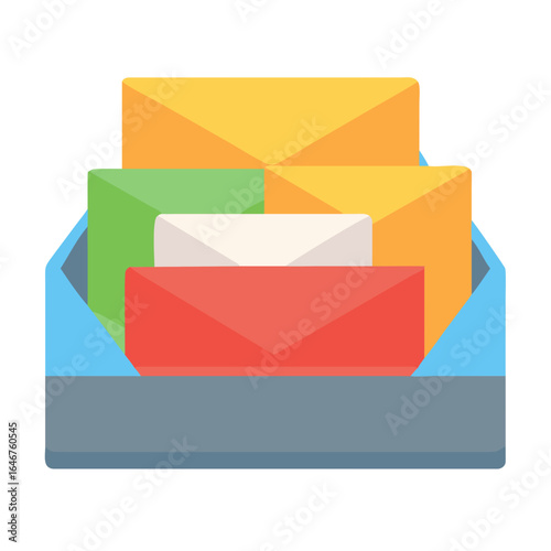 Colorful envelopes in a blue container isolated on white background