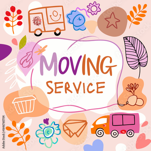 Bright moving service design with trucks, flowers, and decorative shapes