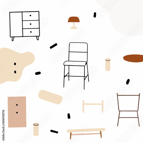 Minimalist furniture assembly illustration with simple shapes and lines
