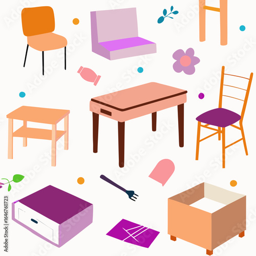 Colorful furniture assembly illustration featuring various furniture pieces