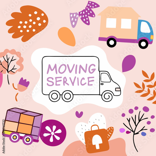 Colorful moving service illustration with truck, flowers, and decorative elements