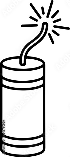 Illustration of a dynamite stick with a lit fuse and sparks in black and white outline style drawing