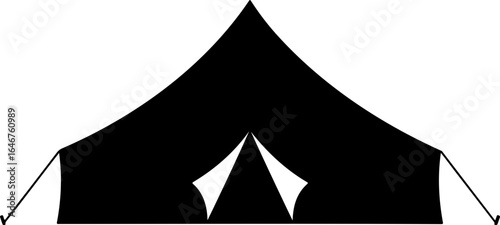 Illustration of a black camping tent with a pointed top and visible entrance flaps in a simple design