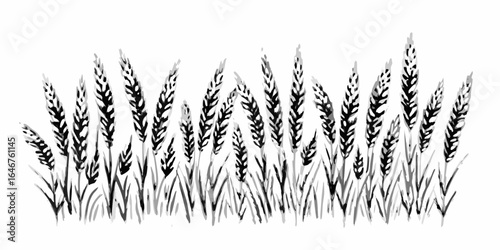 Vector black and white watercolor painting of a field of wheat with detailed stalks and textured appearance art
