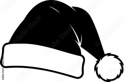 A simple black santa hat with a white brim and a fluffy white pom pom on the end isolated on white 100