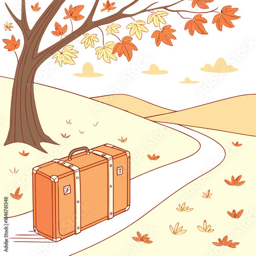 A vintage suitcase rests on a winding path under a tree with falling autumn leaves evoking a sense of travel and seasonal change
