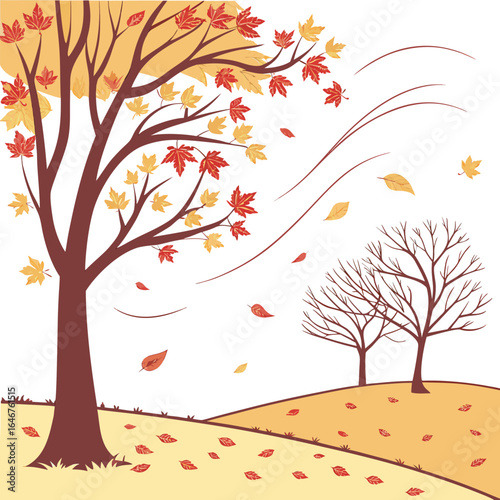 A stylized illustration of a windy autumn landscape featuring trees with falling red and yellow maple leaves scattered across rolling hills and a white background